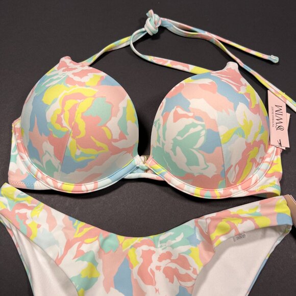 Victoria Secret 32C S Bombshell Push Up Bikini Brazilian Set Blue Pink Pastel - Picture 3 of 11